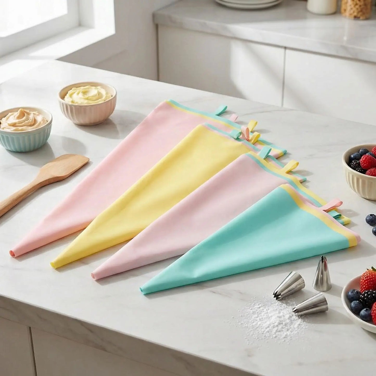 Poche à douille réutilisable multicolore posée sur plan cuisine