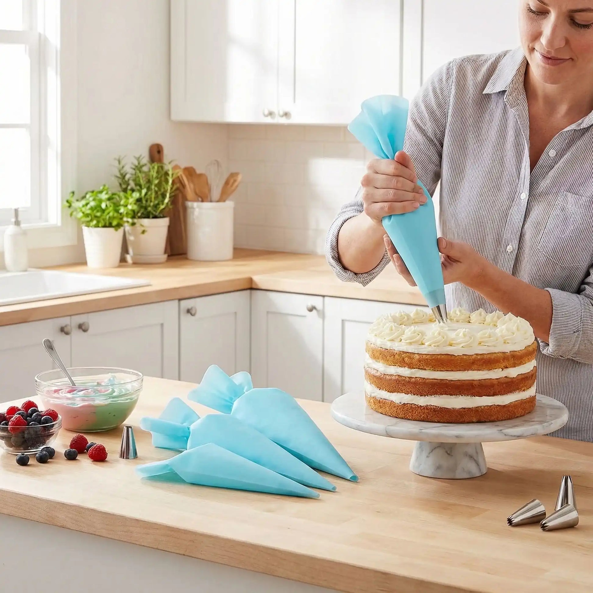 Femme décorant gâteau avec Poche à douille professionnelle réutilisable