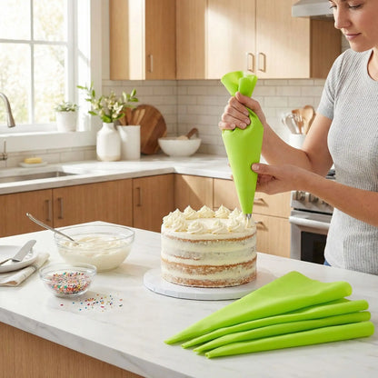 Femme décorant un gâteau avec poche à douille professionnelle réutilisable