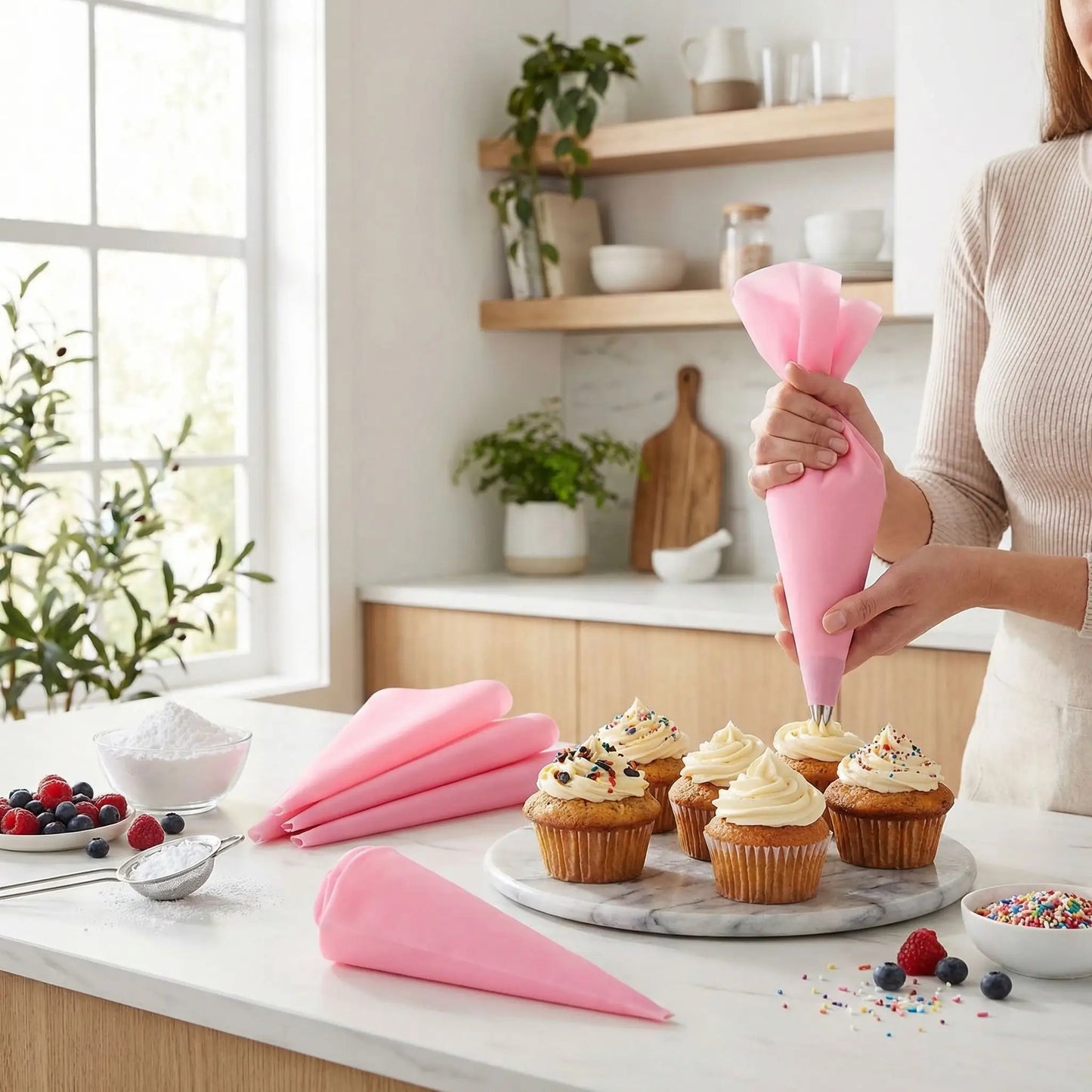 Femme décorant muffin avec Poche à douille professionnelle