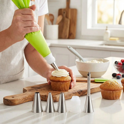 Femme décorant muffin avec Poche a douille et embout
