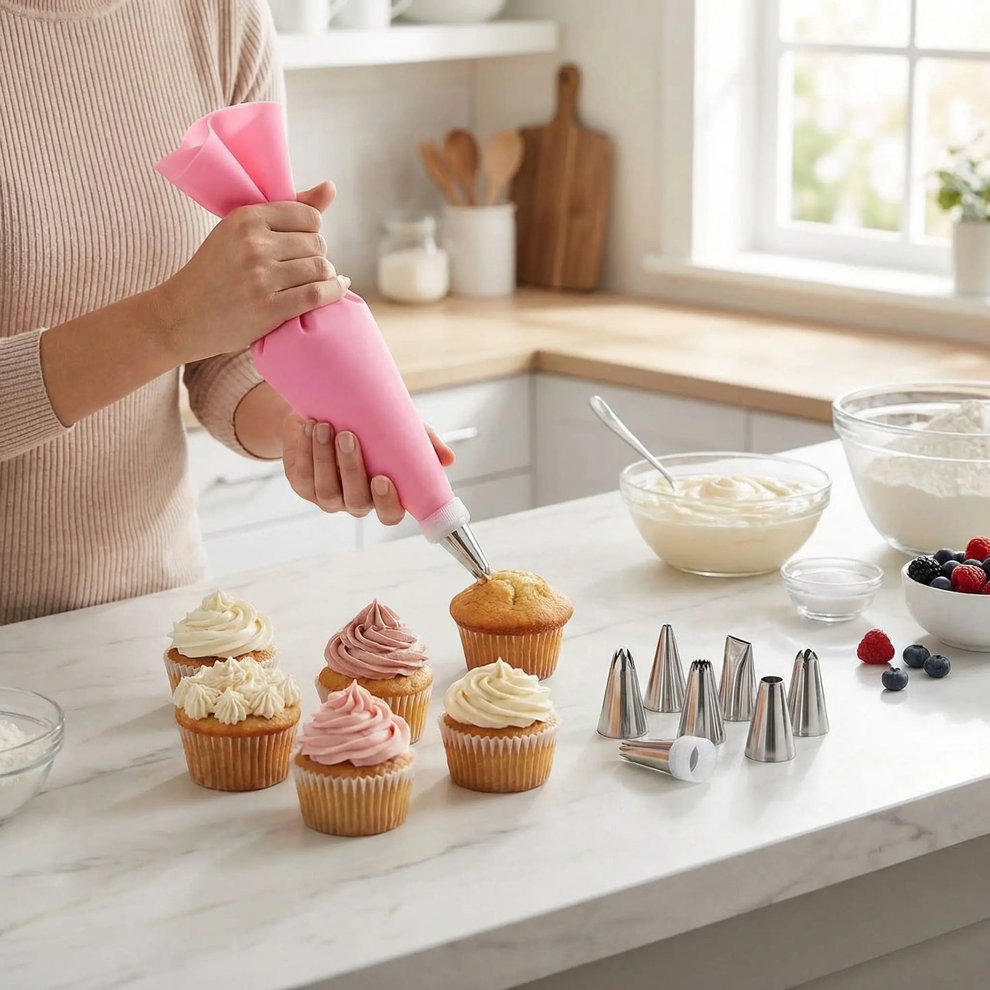Femme décorant muffin avec Poche a douille et embout