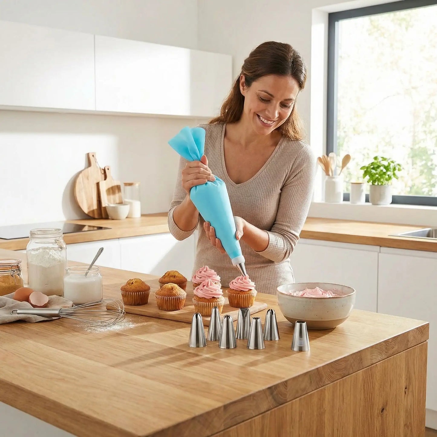 Femme décorant muffin avec Poche a douille et embout