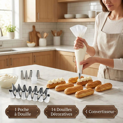 Femme décorant éclairs avec poche a douille et embout