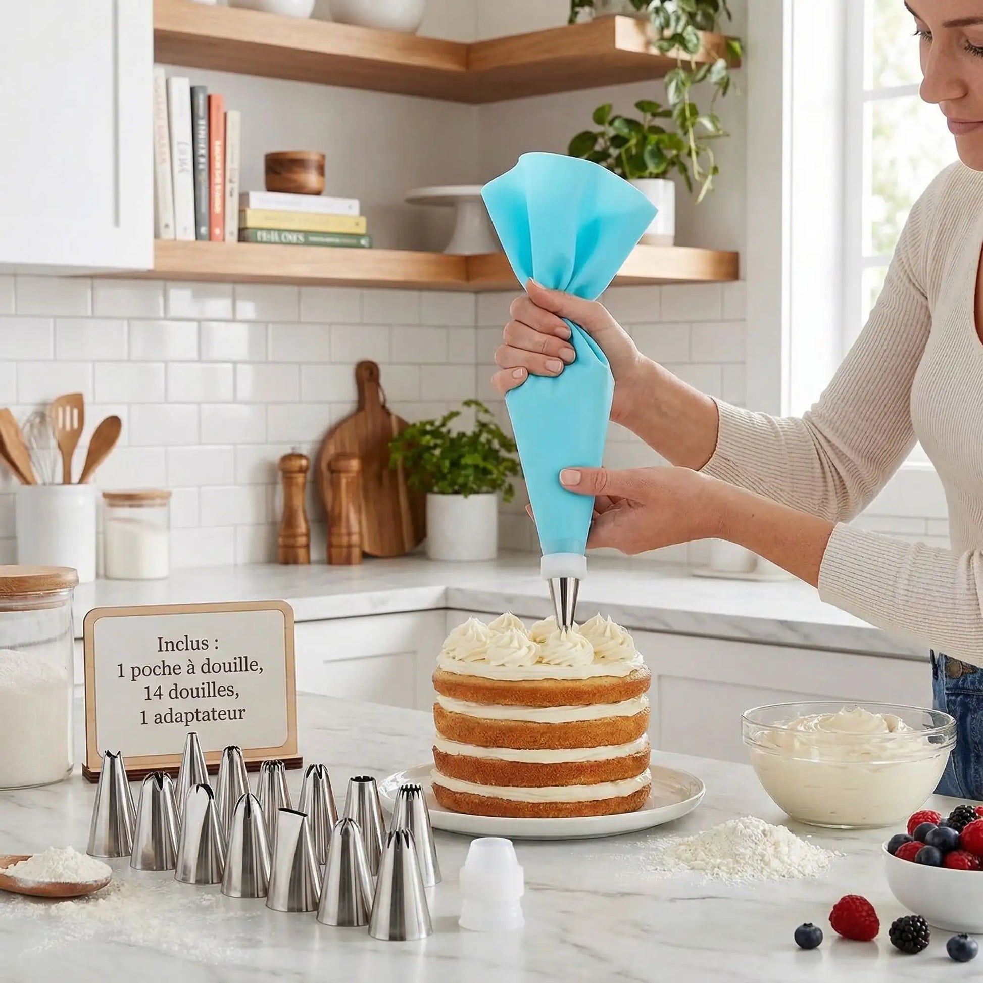 Femme décorant layer cake avec poche a douille et embout