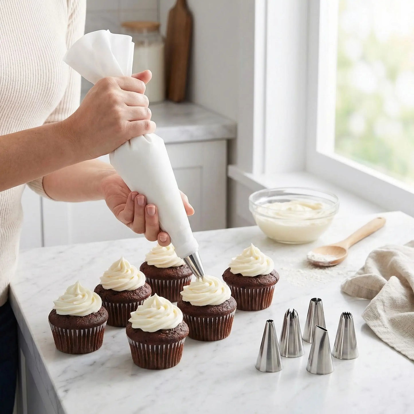 Femme décorant muffin avec Poche a douille et embout