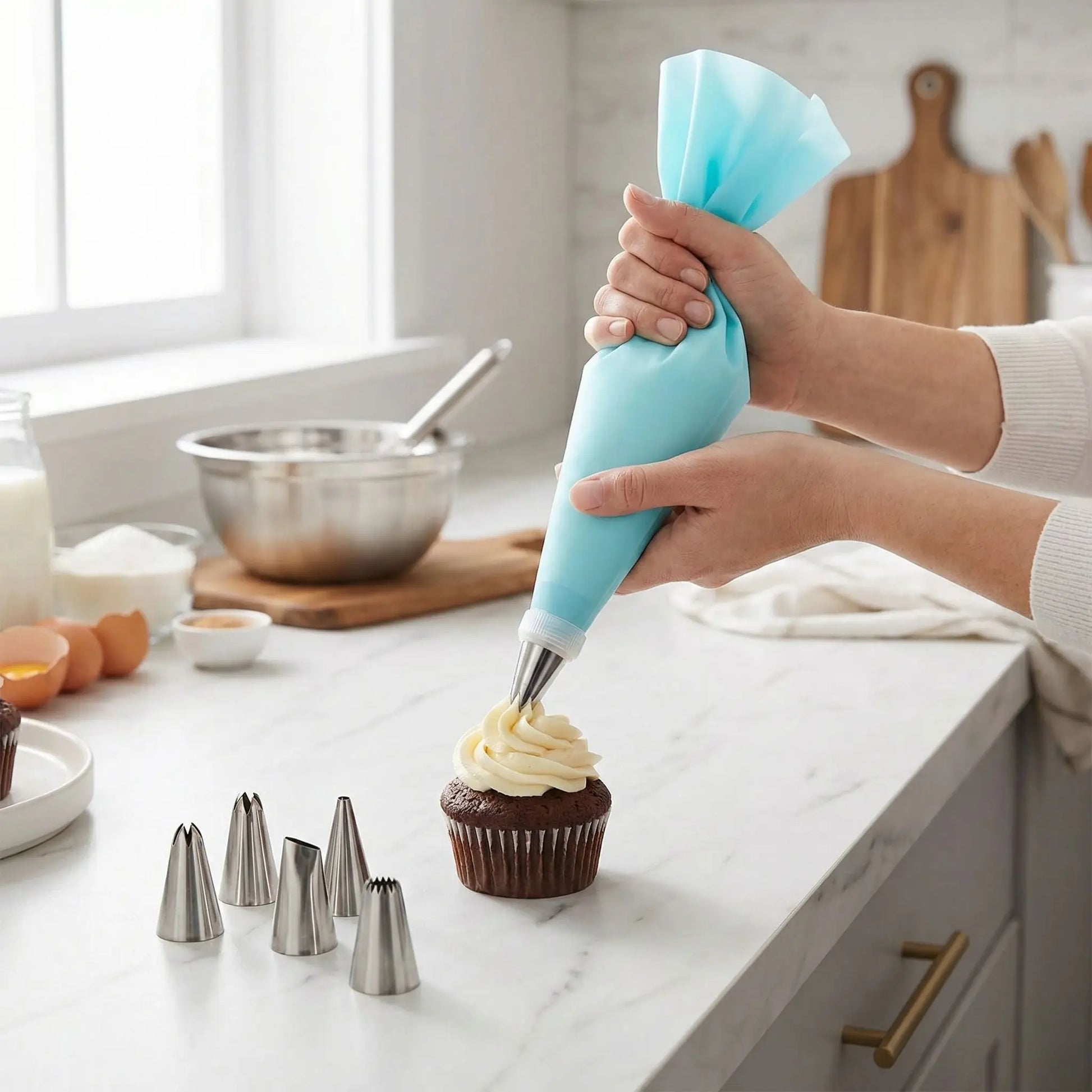 Femme décorant un muffin avec Poche a douille et embout