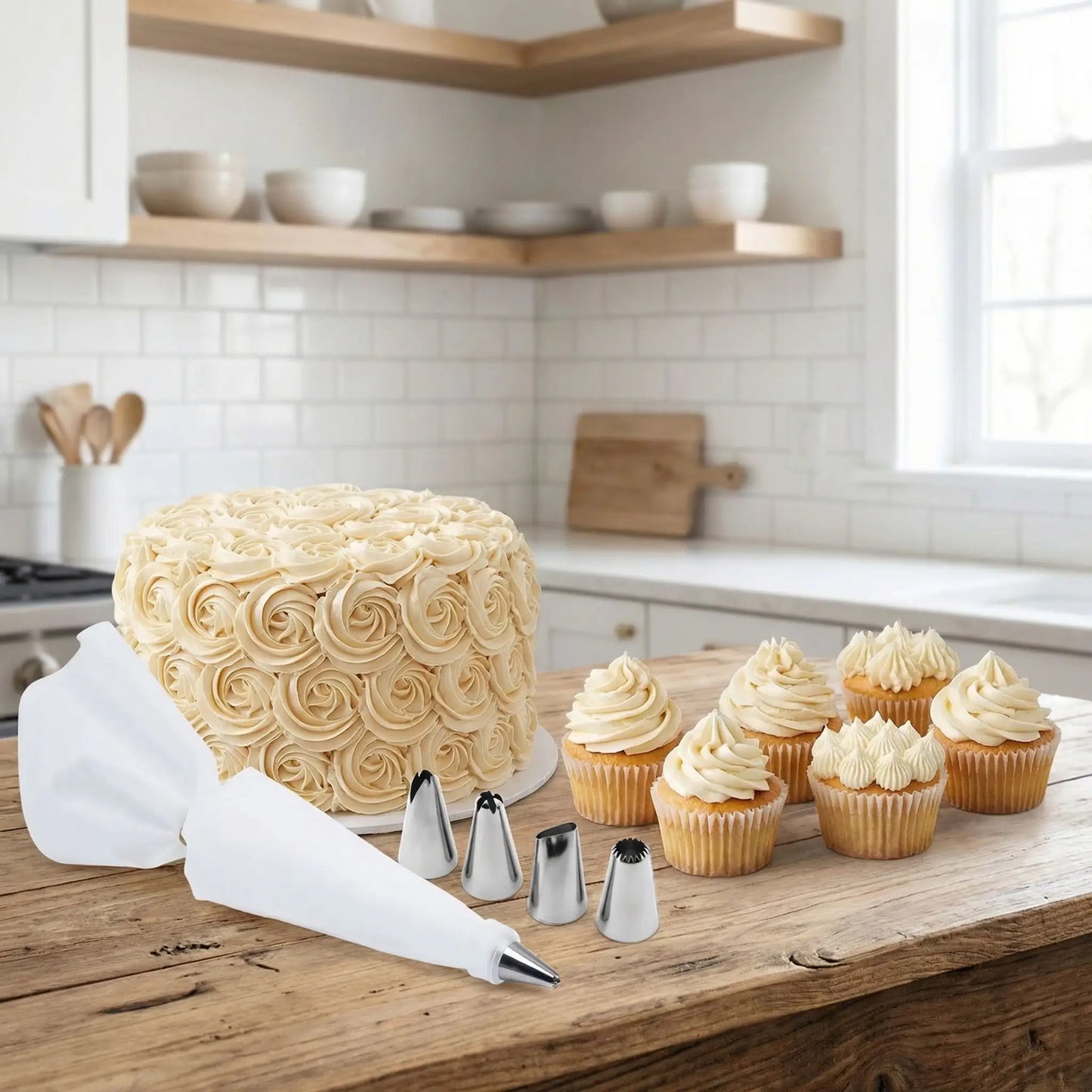 Poche a douille et embout avec pâtisserie sur table 