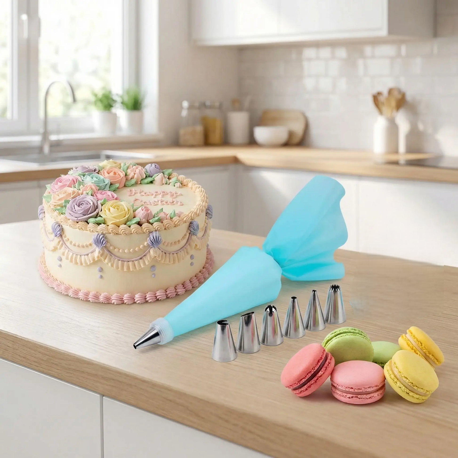 Poche a douille et embout sur table avec pâtisserie 