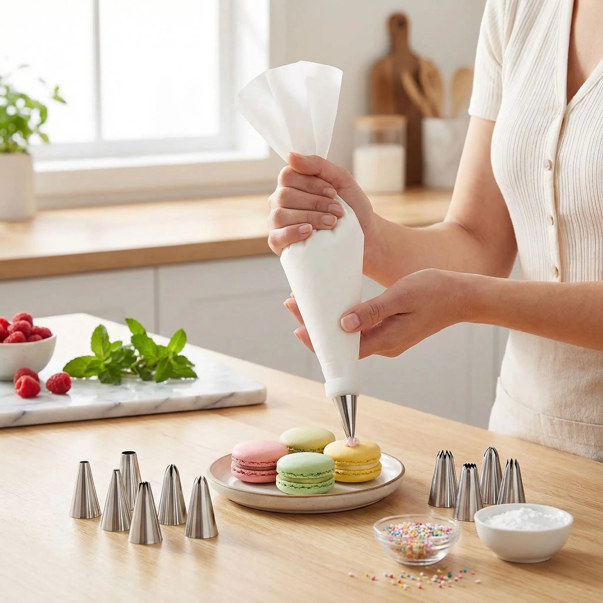 Femme décorant macaron avec Poche a douille et embout