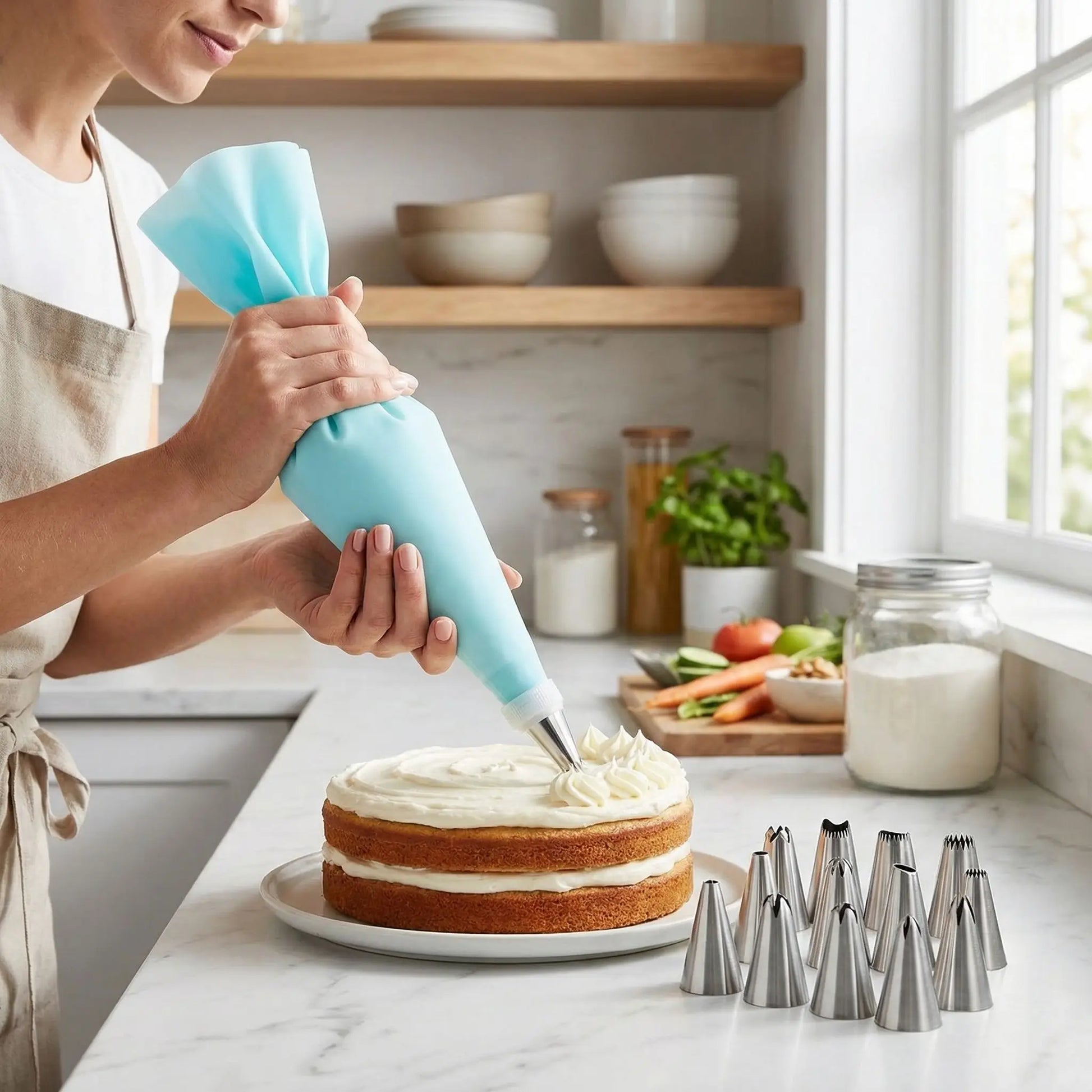 Femme décorant cake avec Poche a douille et embout
