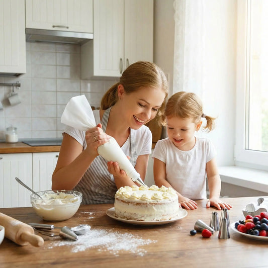 Femme et enfant décorant cake avec Poche a douille et embout