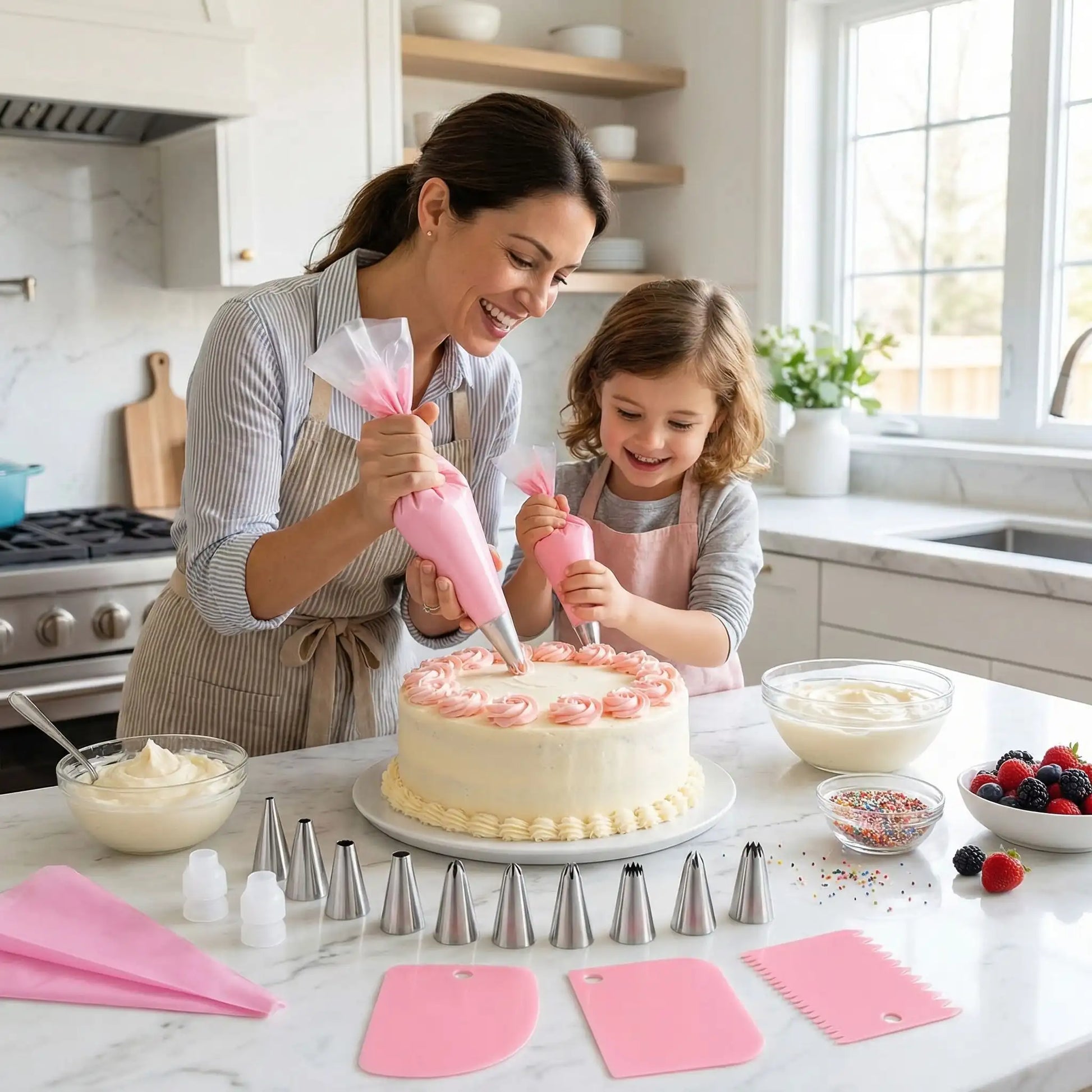 Femme et enfant décorant gâteau avec Kit Pâtisserie Professionnel