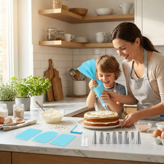Femme et enfant utilisant Kit Pâtisserie Professionnel 