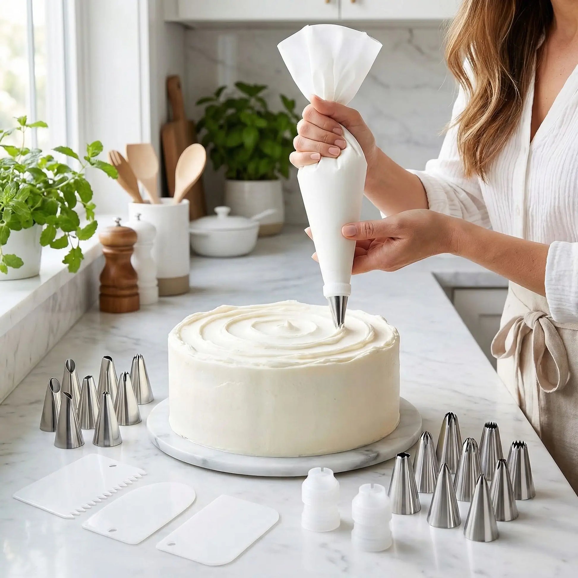 Femme décorant cake avec Kit Pâtisserie Professionnel