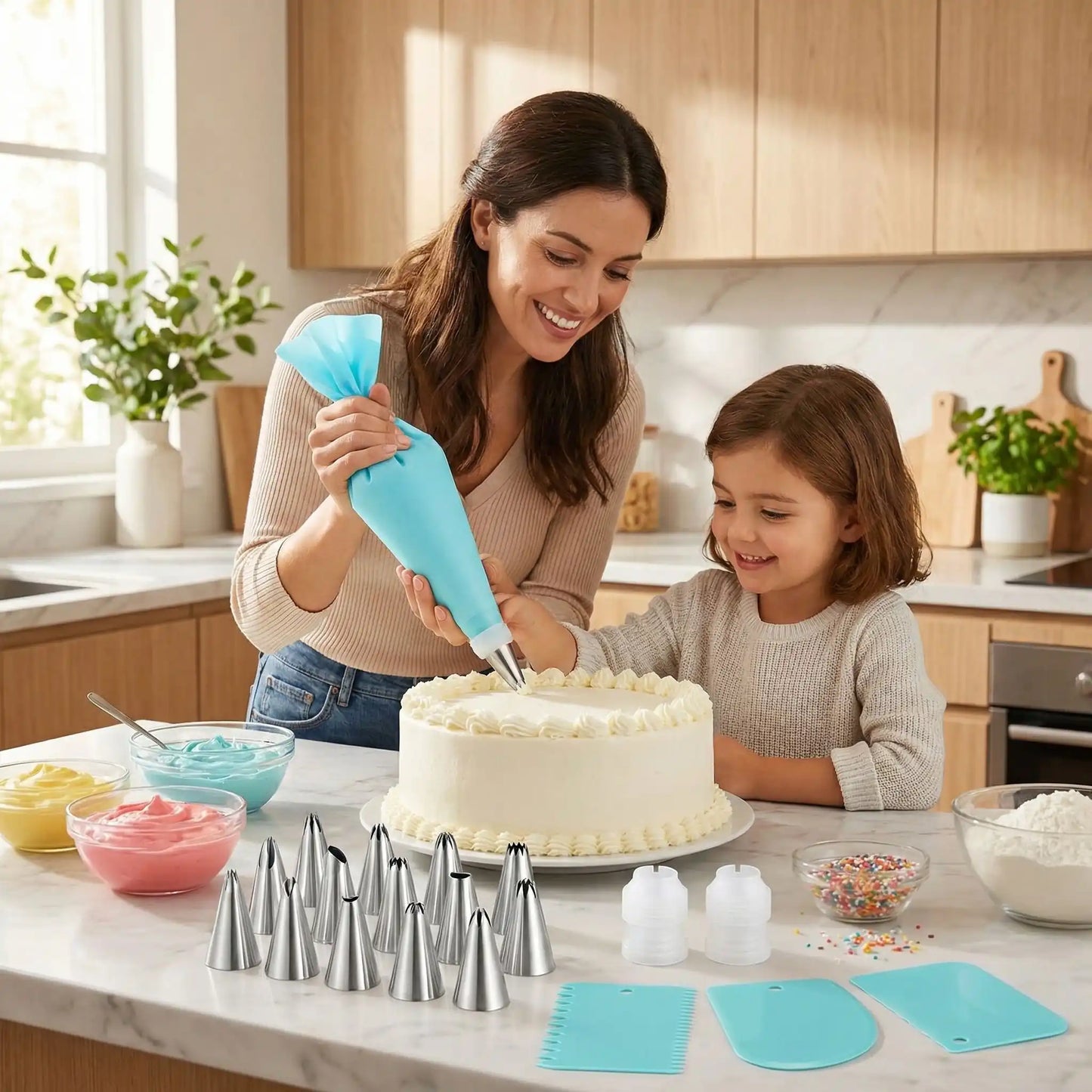 Femme et enfant décorant cake avec Kit Pâtisserie Professionnel