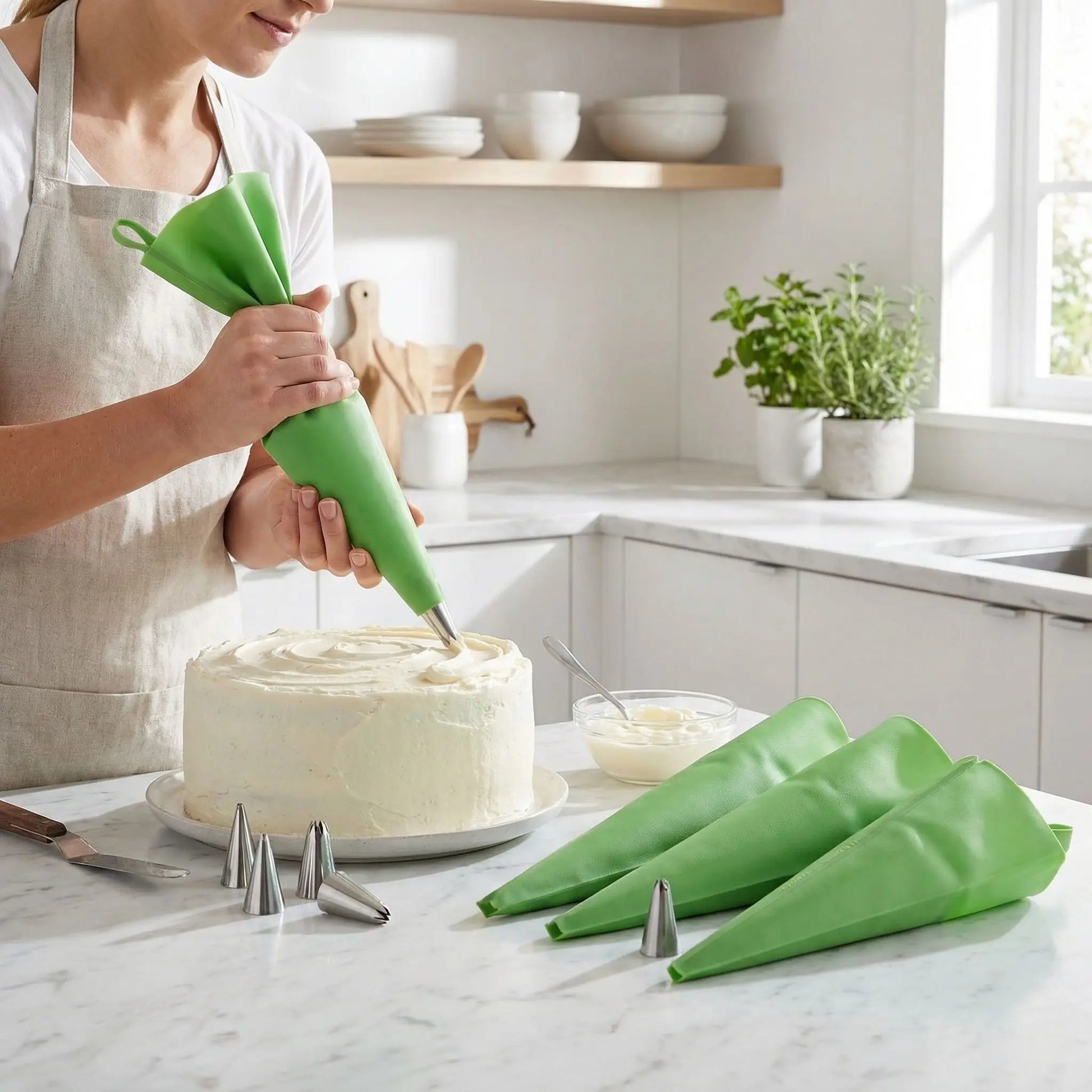 Femme decorant cake avec Poche à douille professionnelle réutilisable