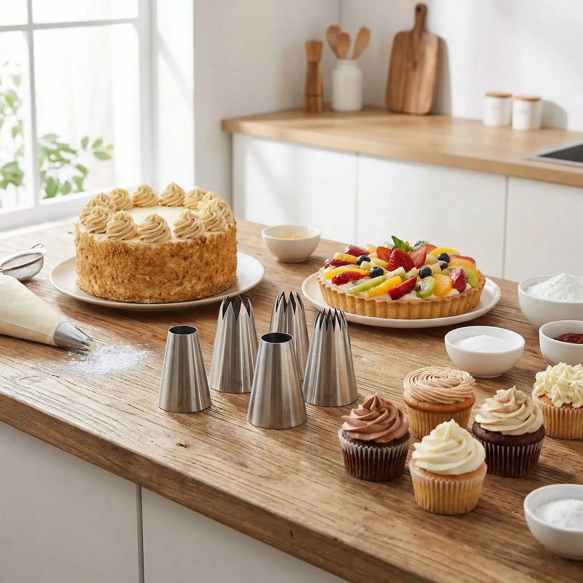 Douille patisserie posé sur table cuisine avec pâtisserie 