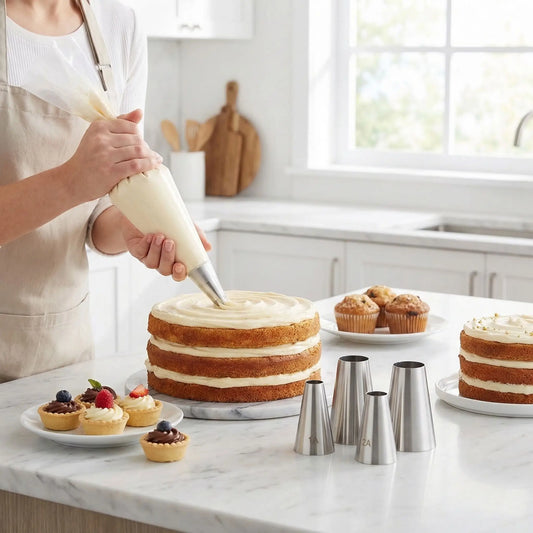Femme décorant un cake avec Douille patisserie