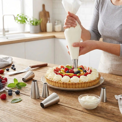 Femme décorant une tarte avec Douille patisserie