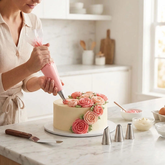 Femme décorant un cake avec Douille patisserie