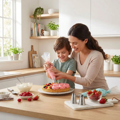 Femme et enfant décorent une tarte avec Douille patisserie
