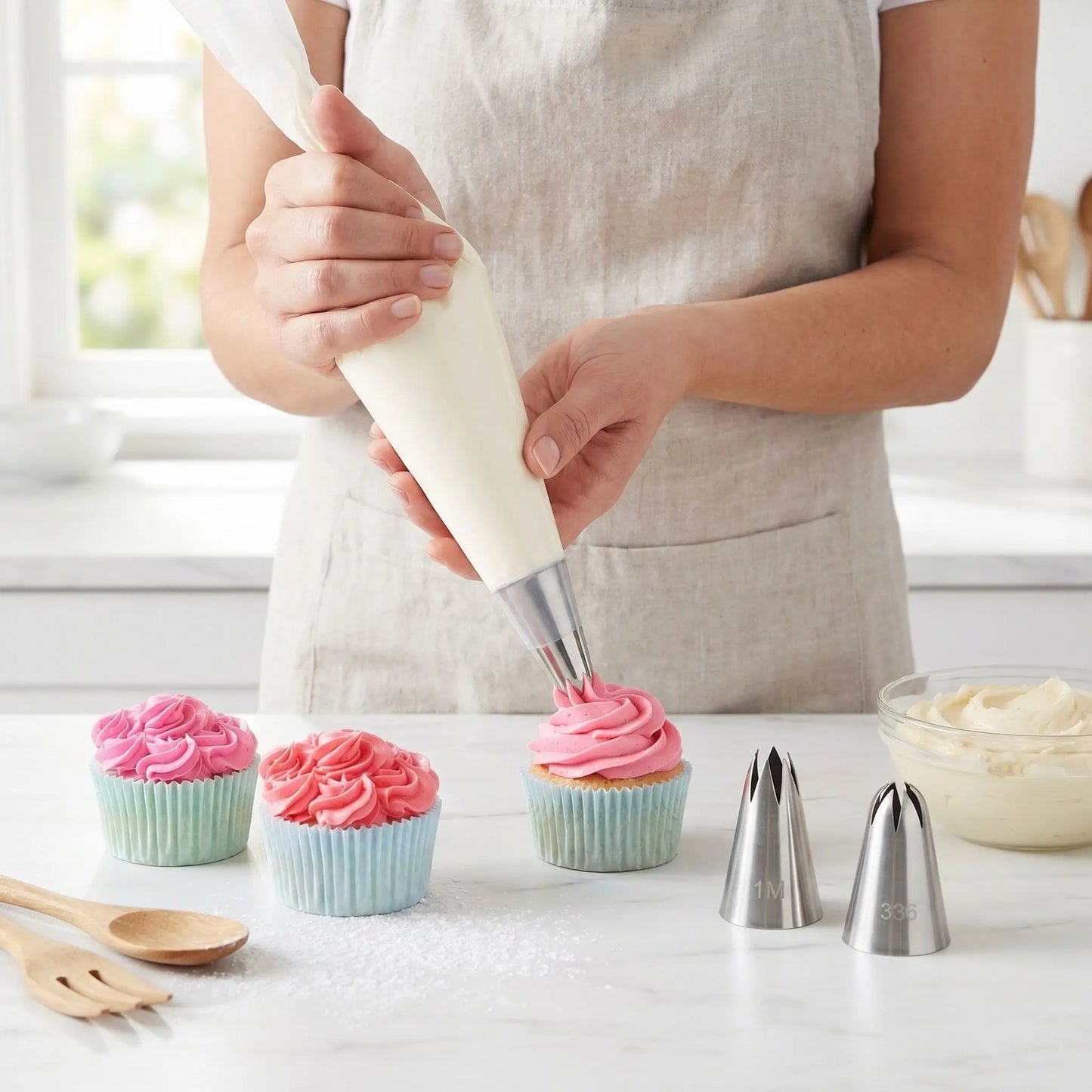 Femme décorant muffin avec Douille patisserie