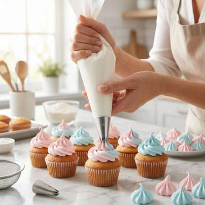 Femme décorant muffin avec Douille pâtisserie professionnelle