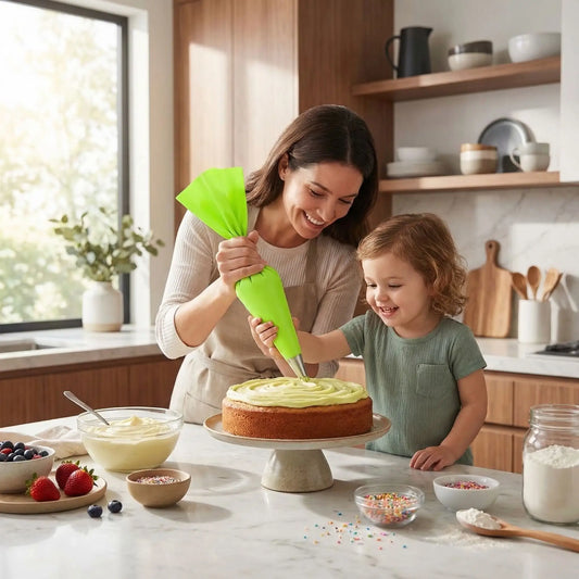 Femme et enfant décorant cake avec Poche à douille professionnelle