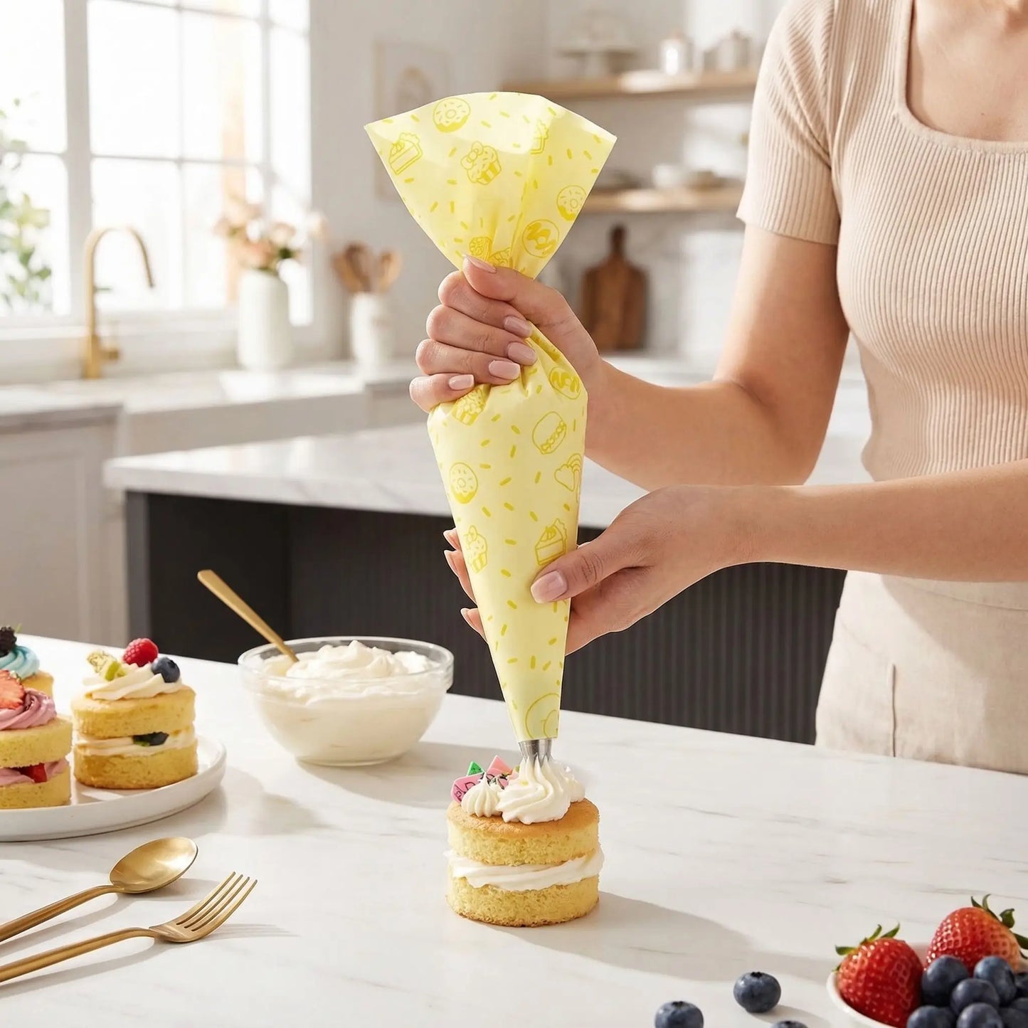 Décoration mini cake avec Poche à douille réutilisable couleur jaune