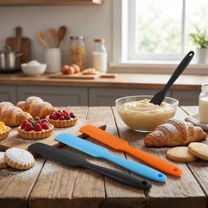 Spatule en silicone posé sur table avec pâtisserie 