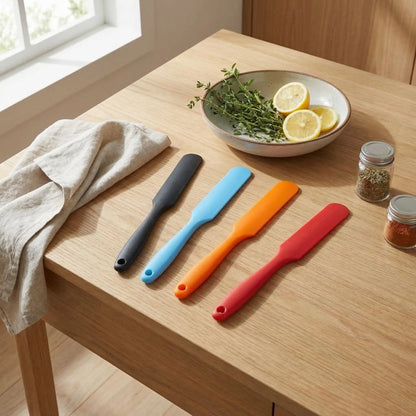 Spatule en silicone posé à plat sur table bois