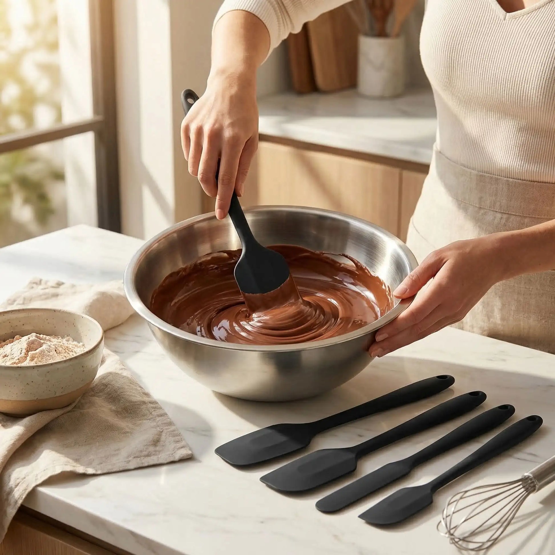 Femme mélange chocolat dans bol inox avec Spatule à Patisserie