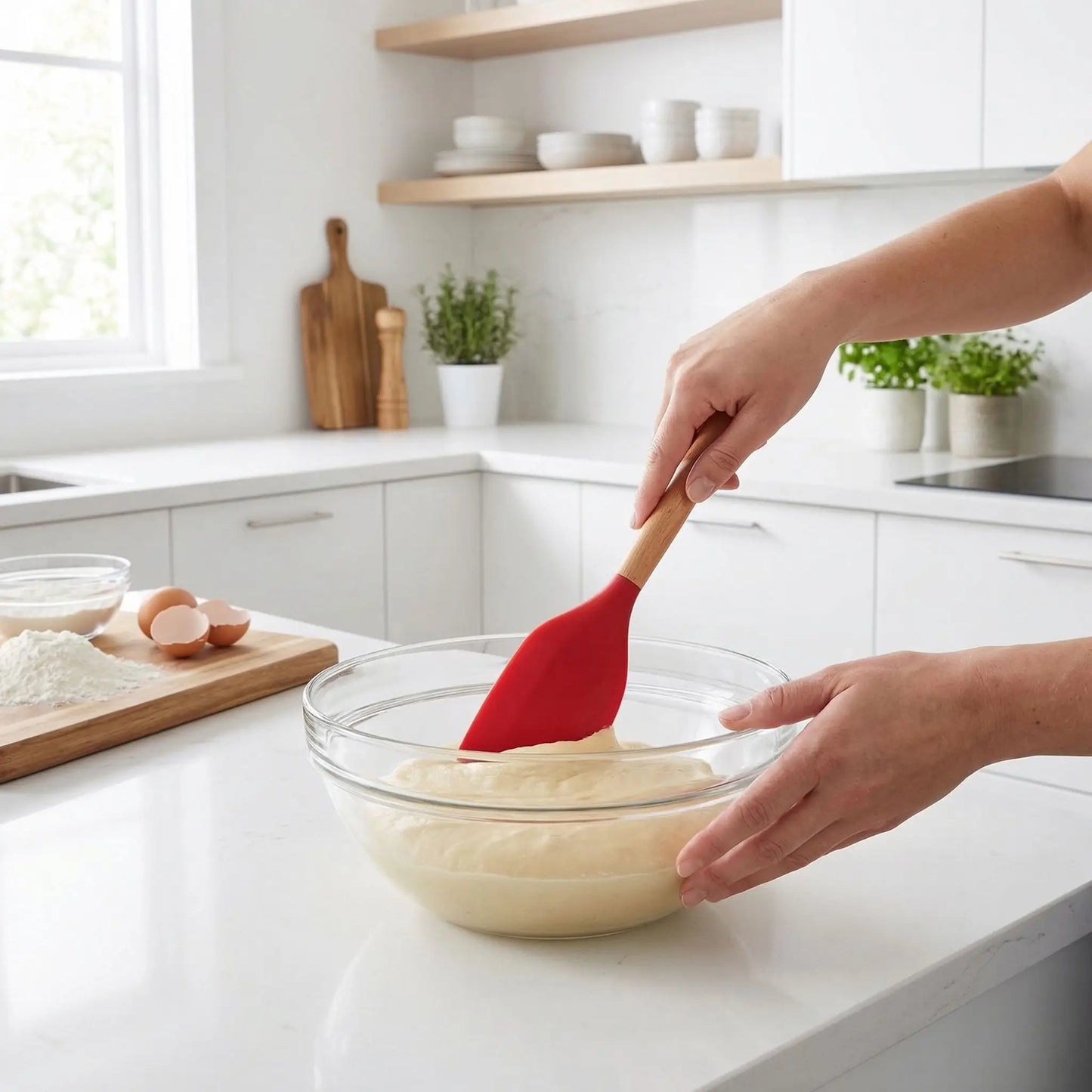 Mélange pate cake lisse avec Spatule en Silicone couleur rouge 