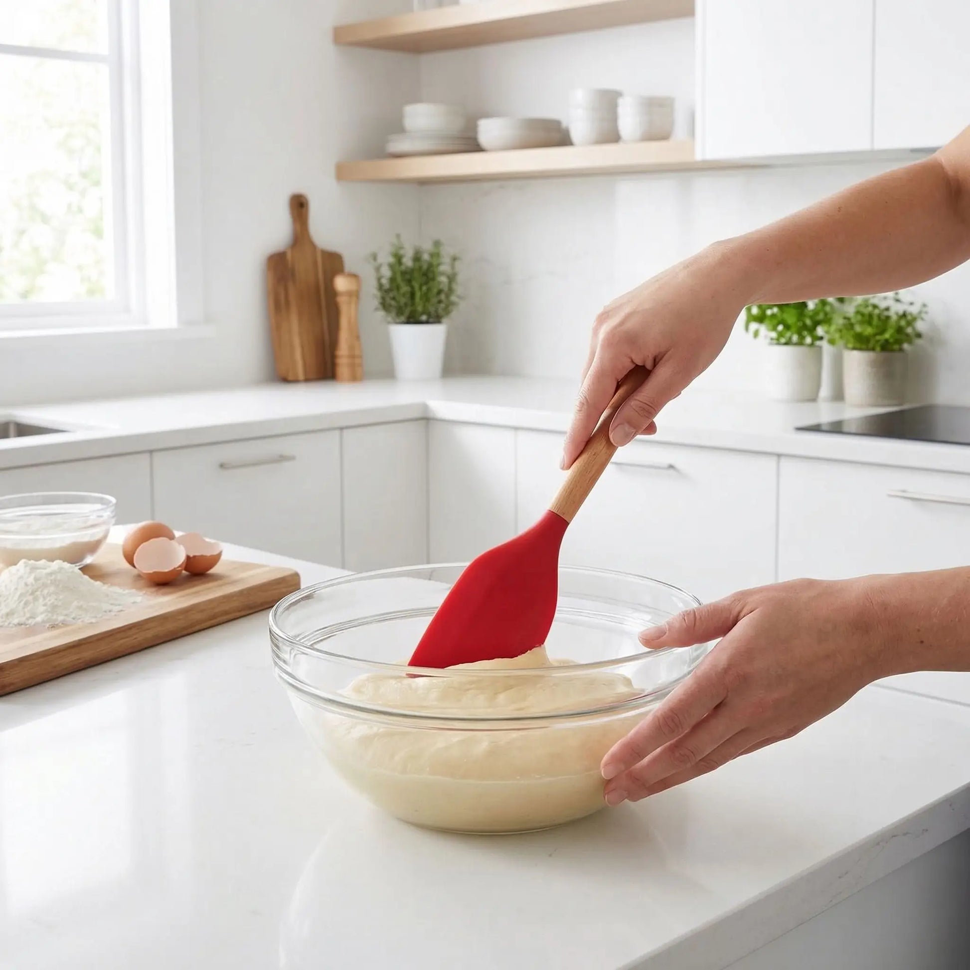 Mélange pate cake lisse avec Spatule en Silicone couleur rouge 
