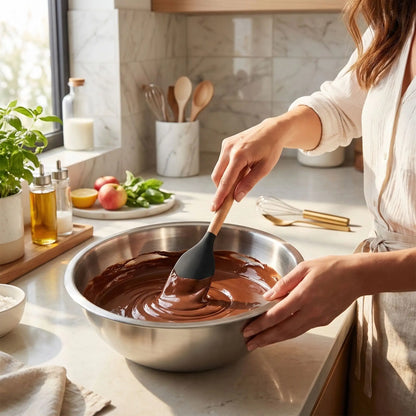 Mélange chocolat dans bol inox avec Spatule en Silicone