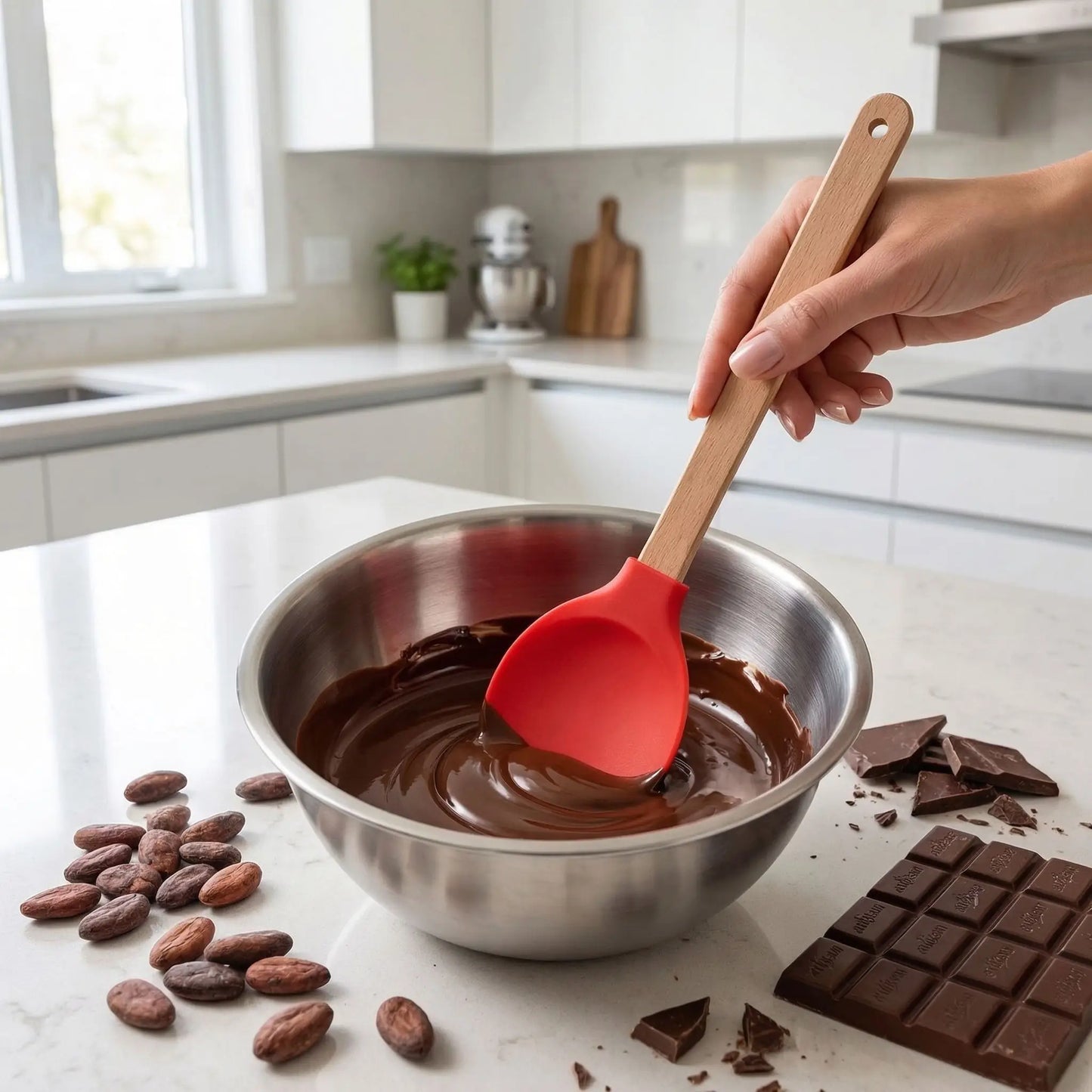 Mélange chocolat fondu avec Spatules en silicone dans bol 