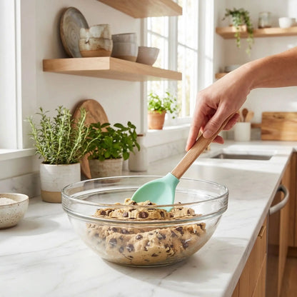 Mélange pate cookie avec Spatules en silicone forme cœur 