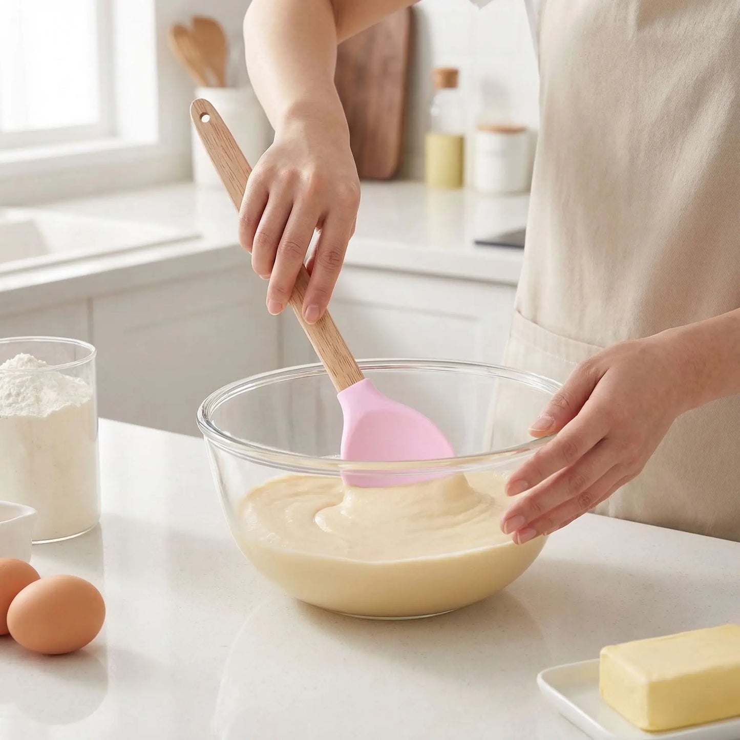 Mélange pate pâtisserie avec Spatules en silicone forme cœur 