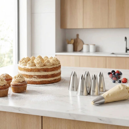 Douille patisserie professionnelle et cake sur table cuisine 