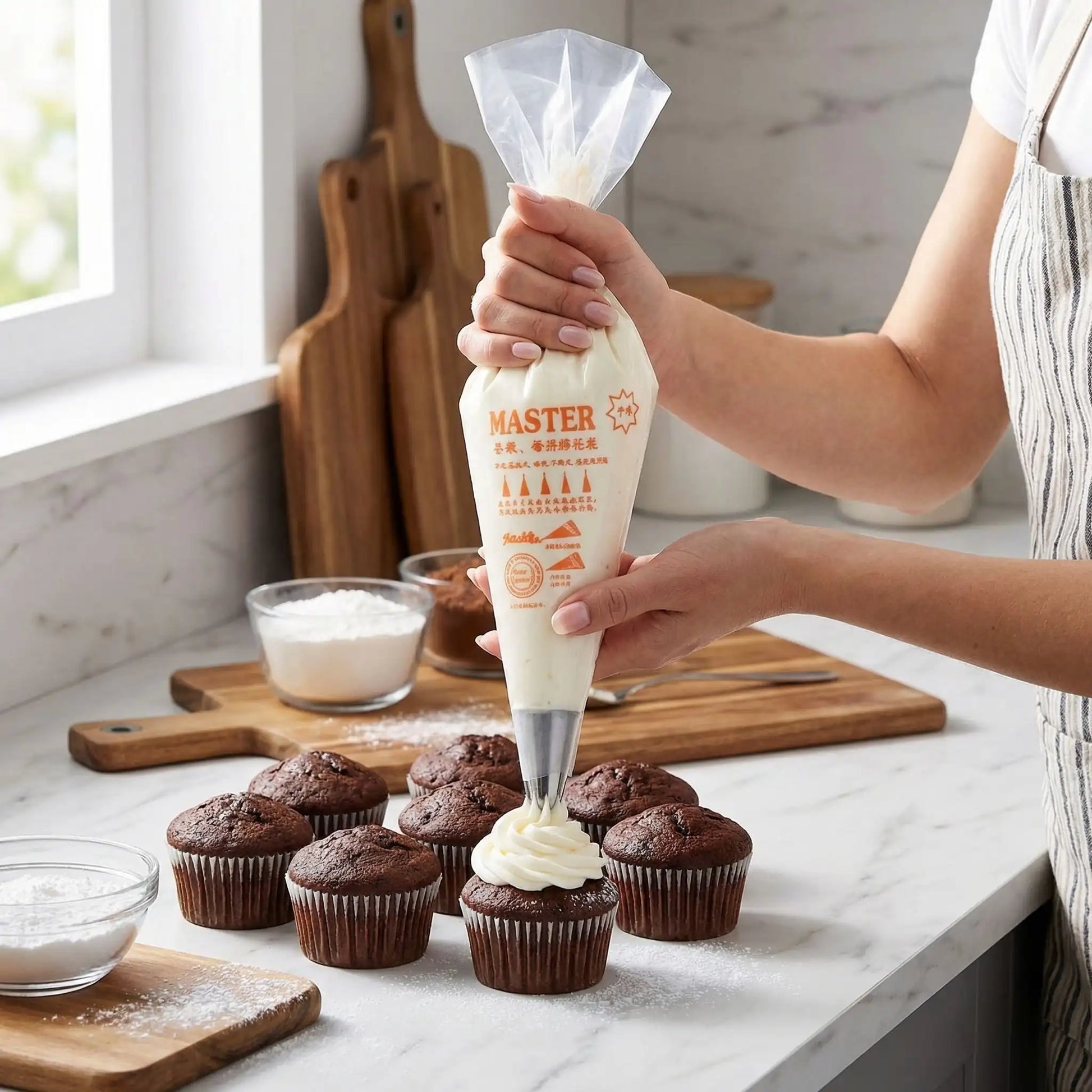 Femme décorant muffin avec Poche jetable patisserie