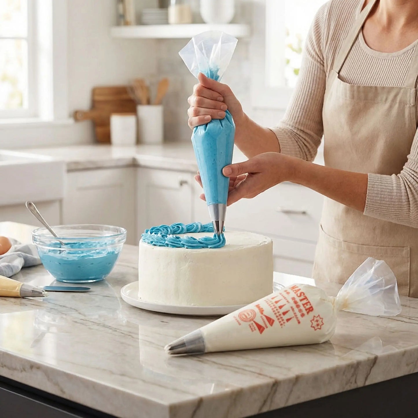 Femme décorant cake avec Poche jetable patisserie dans cuisine
