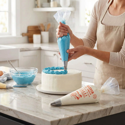 Femme décorant cake avec Poche jetable patisserie dans cuisine