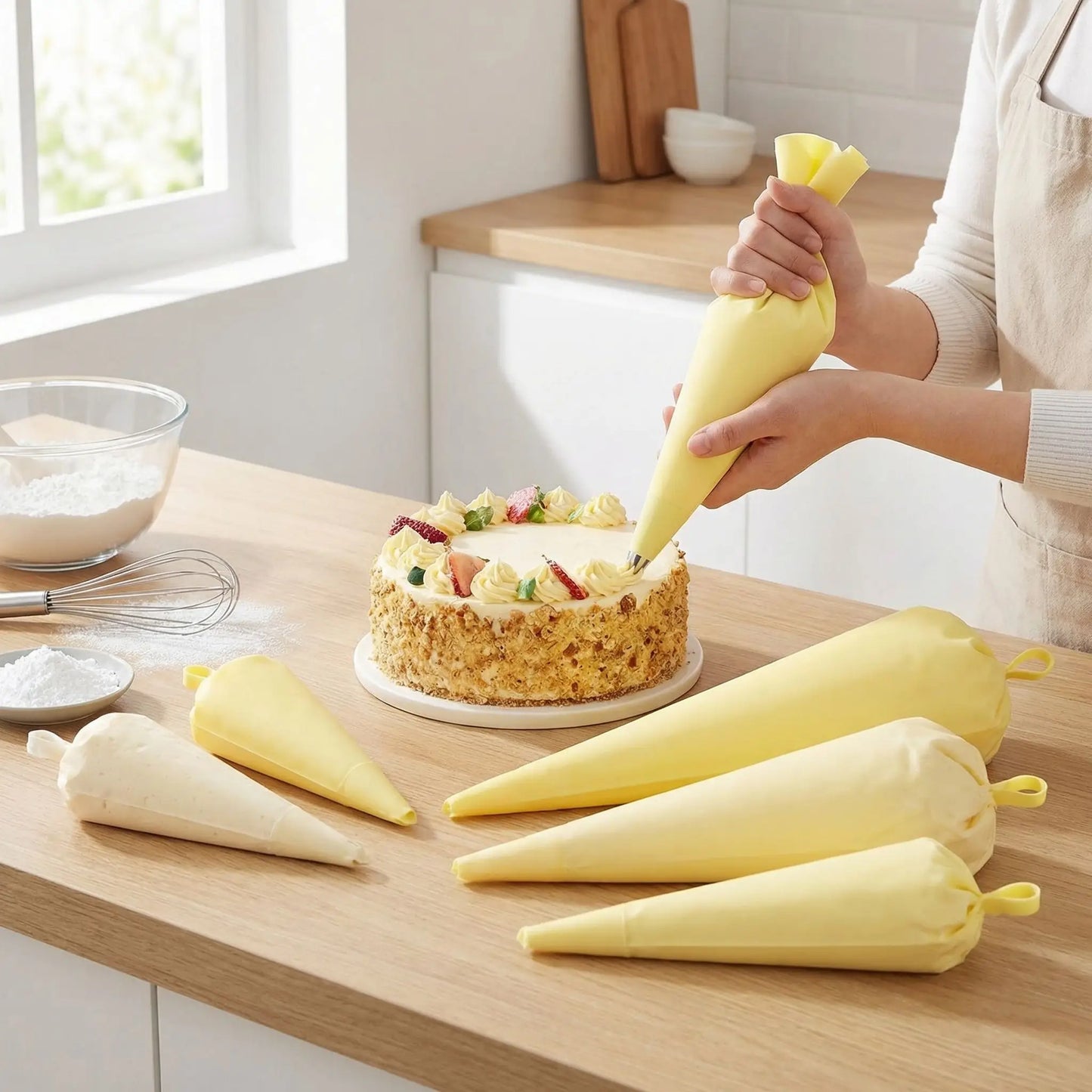 Décoration gâteau sur table bois avec Poche à douille réutilisable 