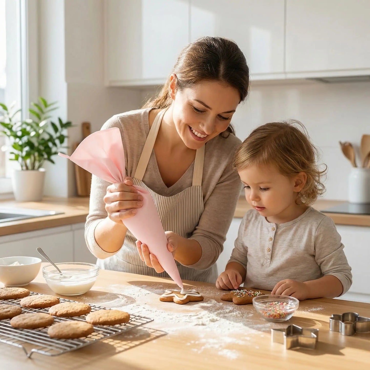 Famille décorant biscuit avec Poche à douille pâtisserie professionnelle