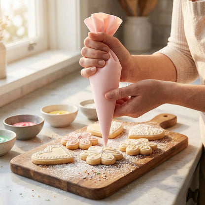 Décoration biscuit avec Poche à douille pâtisserie professionnelle sur planche 