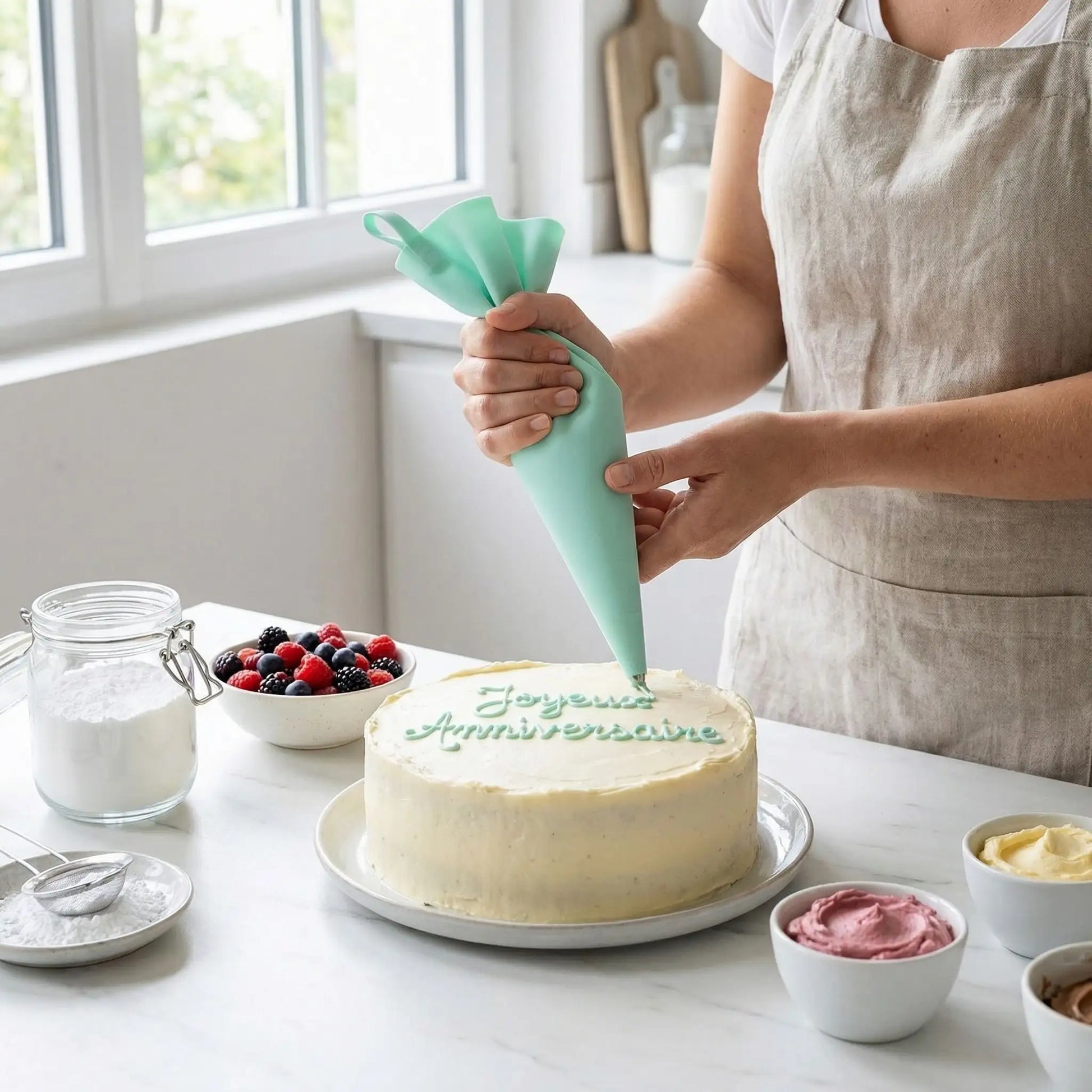 Femme décorant par écriture sur cake avec Poche douille silicone