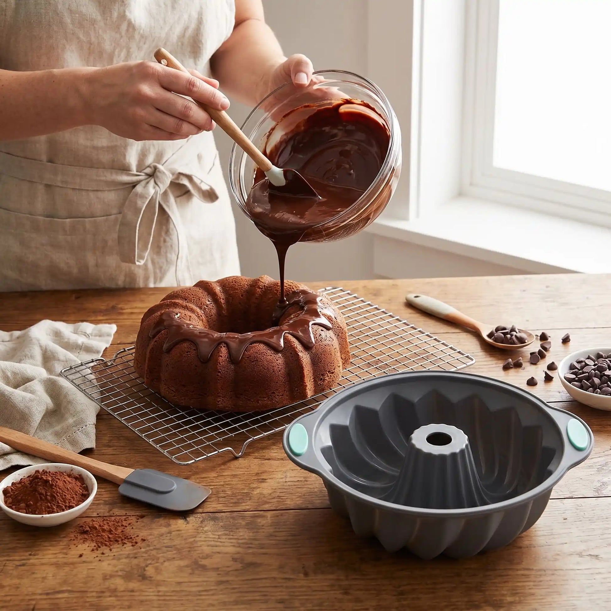 Nappage bundt avec Moule Bundt Cake sur table bois 