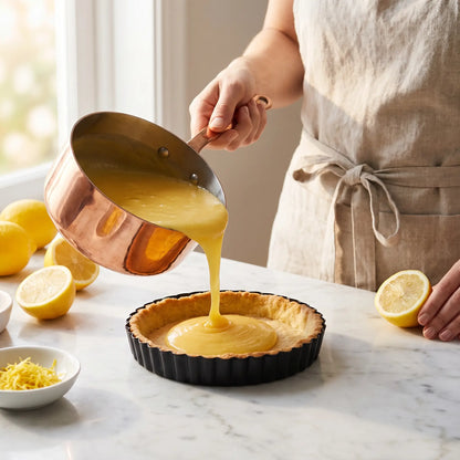 Femme verse préparation dans Moule à tarte
