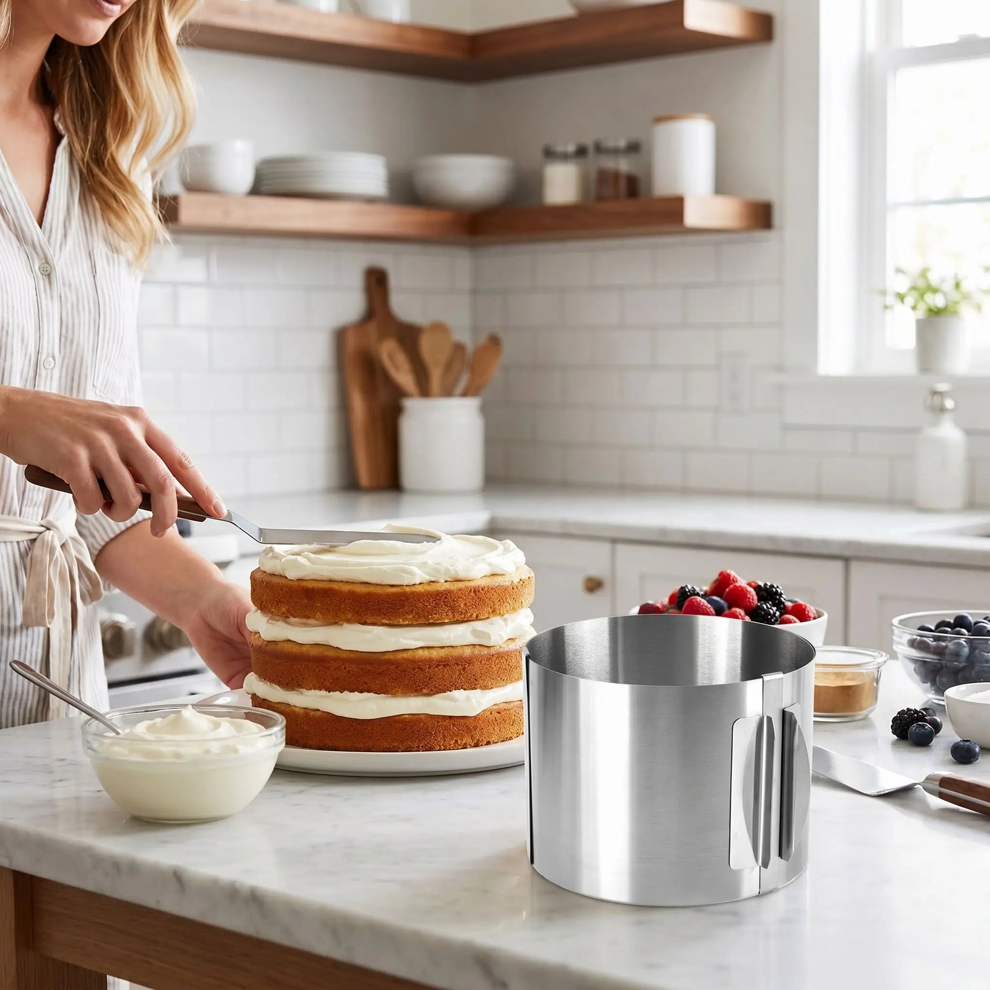 Femme étalant crème sur gateau avec Cercle à patisserie